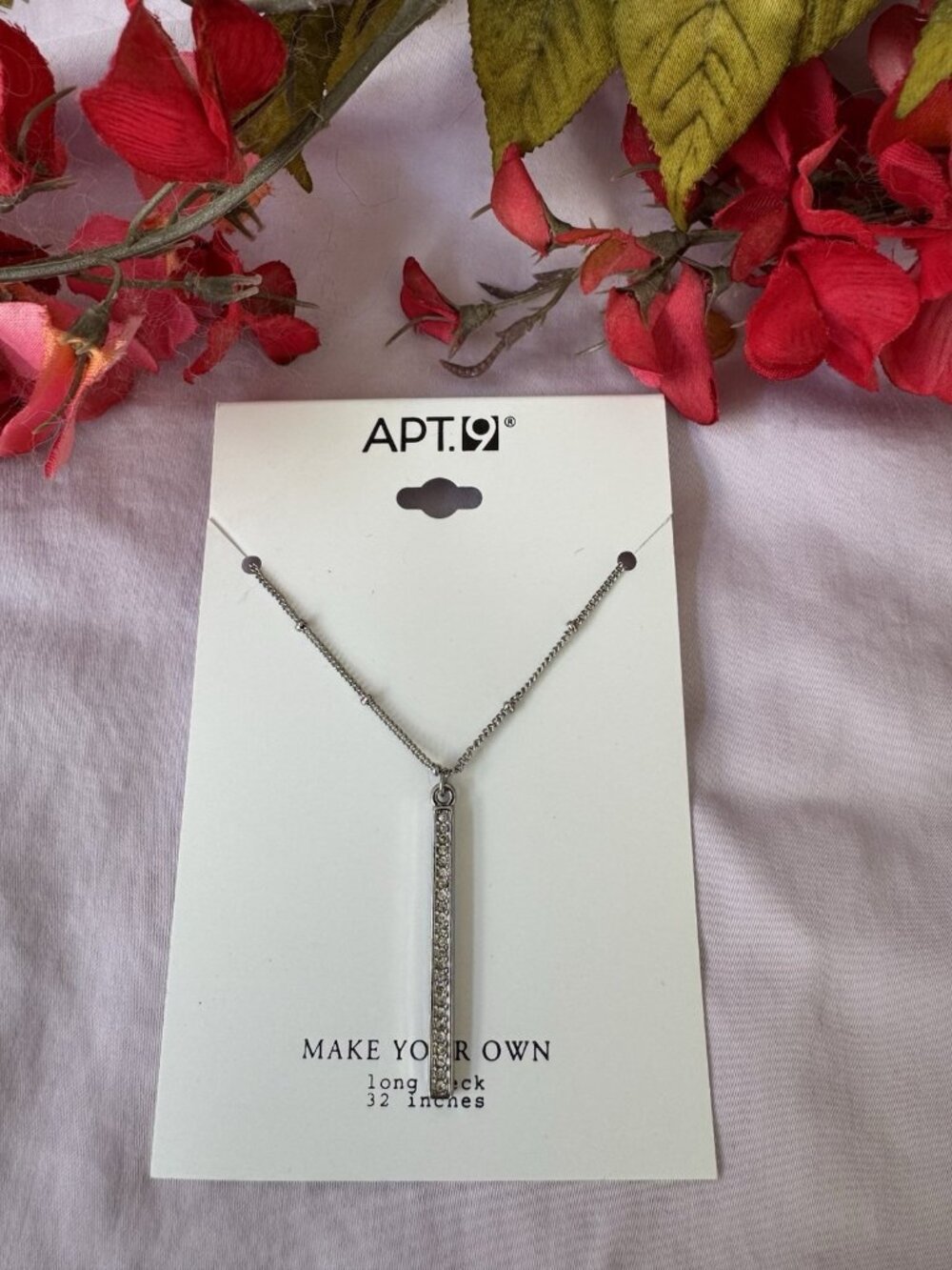 NEW APT 9 Dainty Silver Tone Rhinestone Vertical Bar Necklace 32" Women's